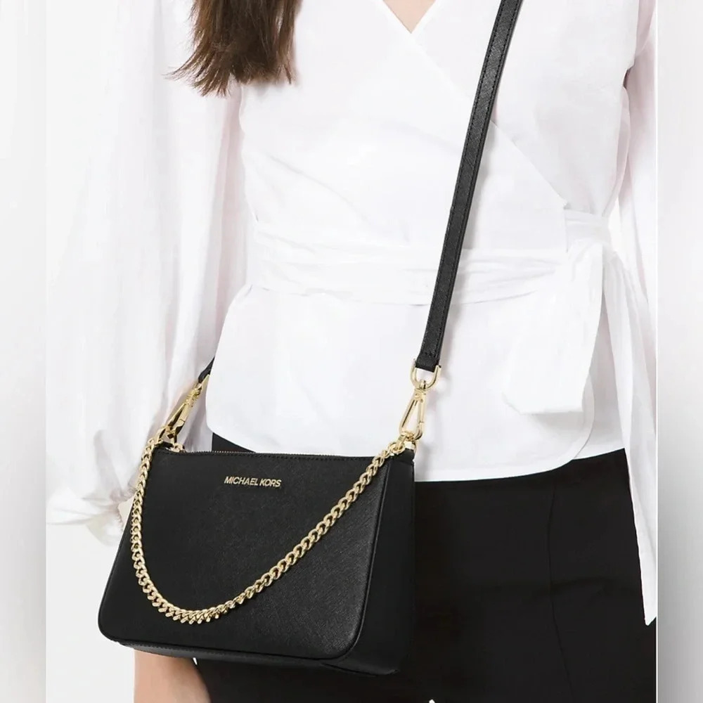 Michael Kors Jet Set Crossbody Bag Medium Saffiano Leather Chain - Black - Picture 4 of 5